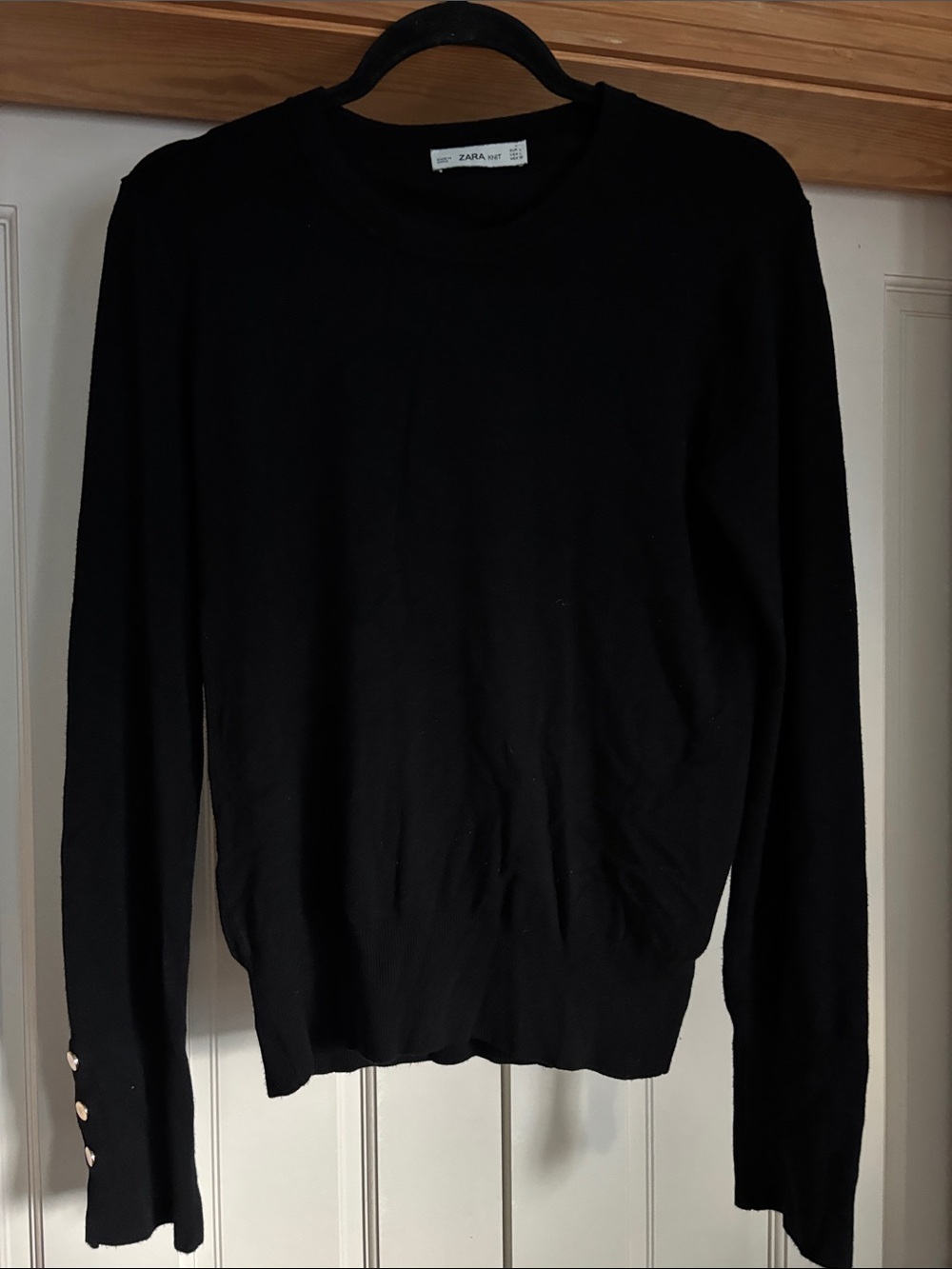 Zara Black Crewneck Sweater with Cuff Button Accents